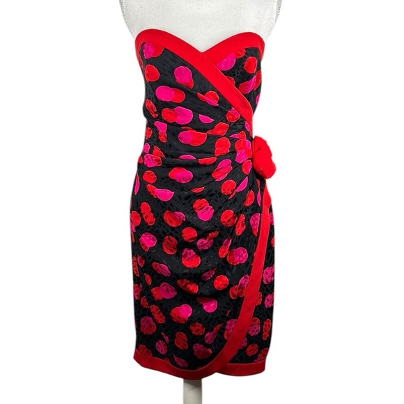 Pretty Penny Black Hot Pink & Red Vintage Style Ruched Waist Rosette Dress Sz L - Picture 1 of 7